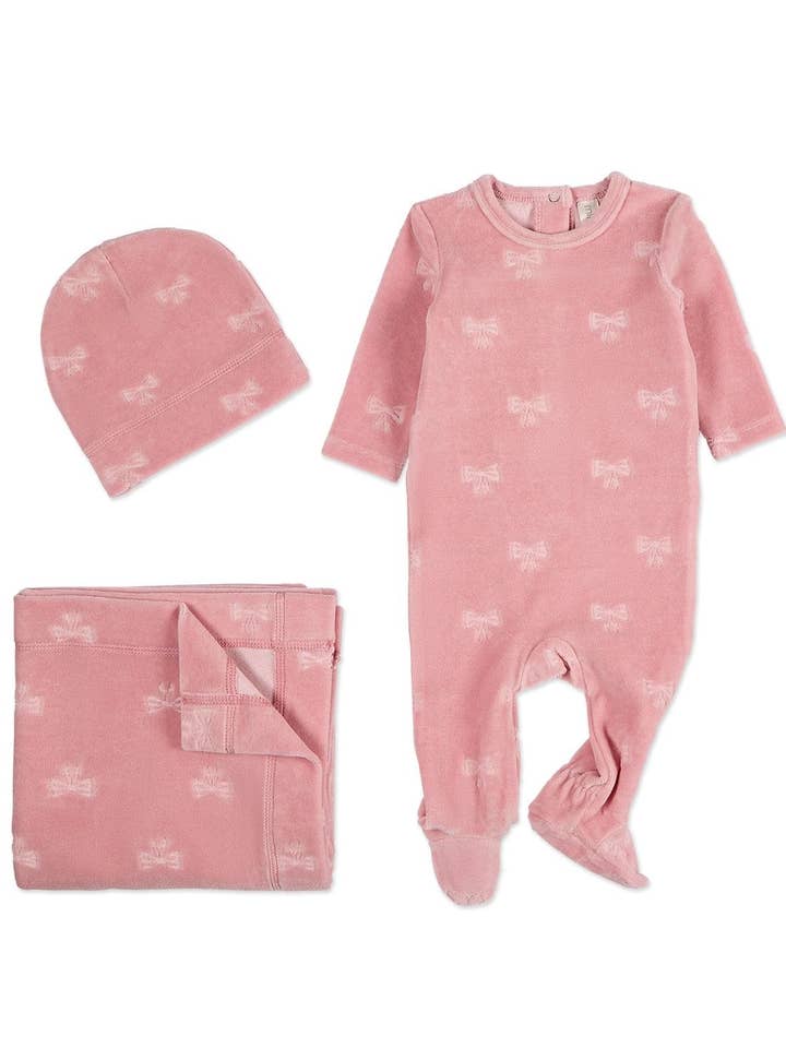 Velvet Bow 3 Pc Footie Set for wholesale by MiniMoi by MeMoi
