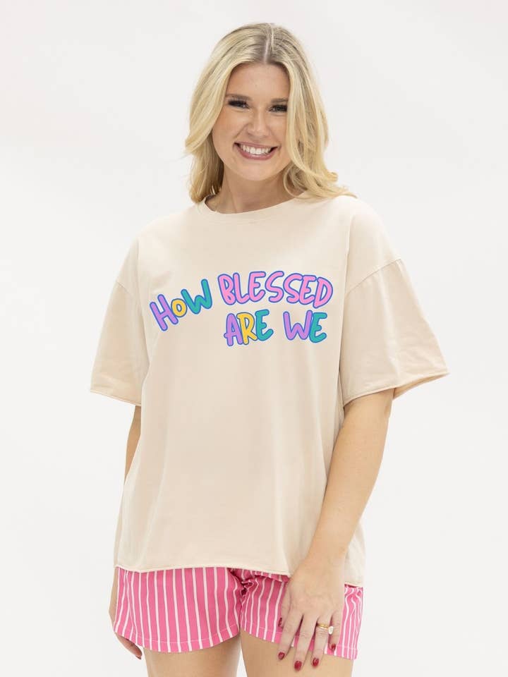 How Blessed Are We on Beige Relaxed Fit Tee for wholesale by GRACE+EMMA by Southern Grace