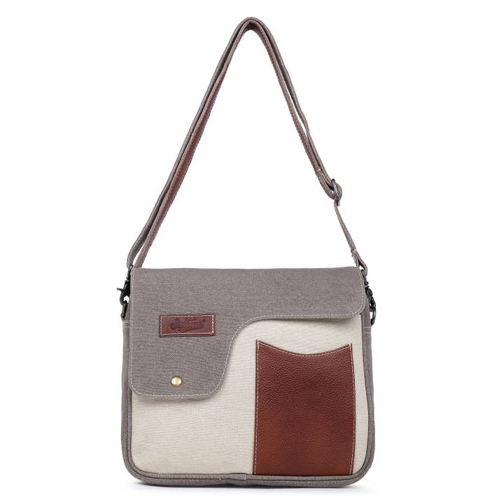 Canvas & Leather Women's Crossbody Bag - Bone/Taupe Gray for wholesale by Sixtease Bags USA