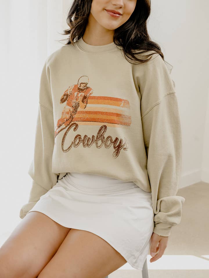 LivyLu - Wholesale Graphic Sweatshirt - Unisex - OSU Oklahoma State Cowboys Mono QB Sand Thrifted Sweatshirt