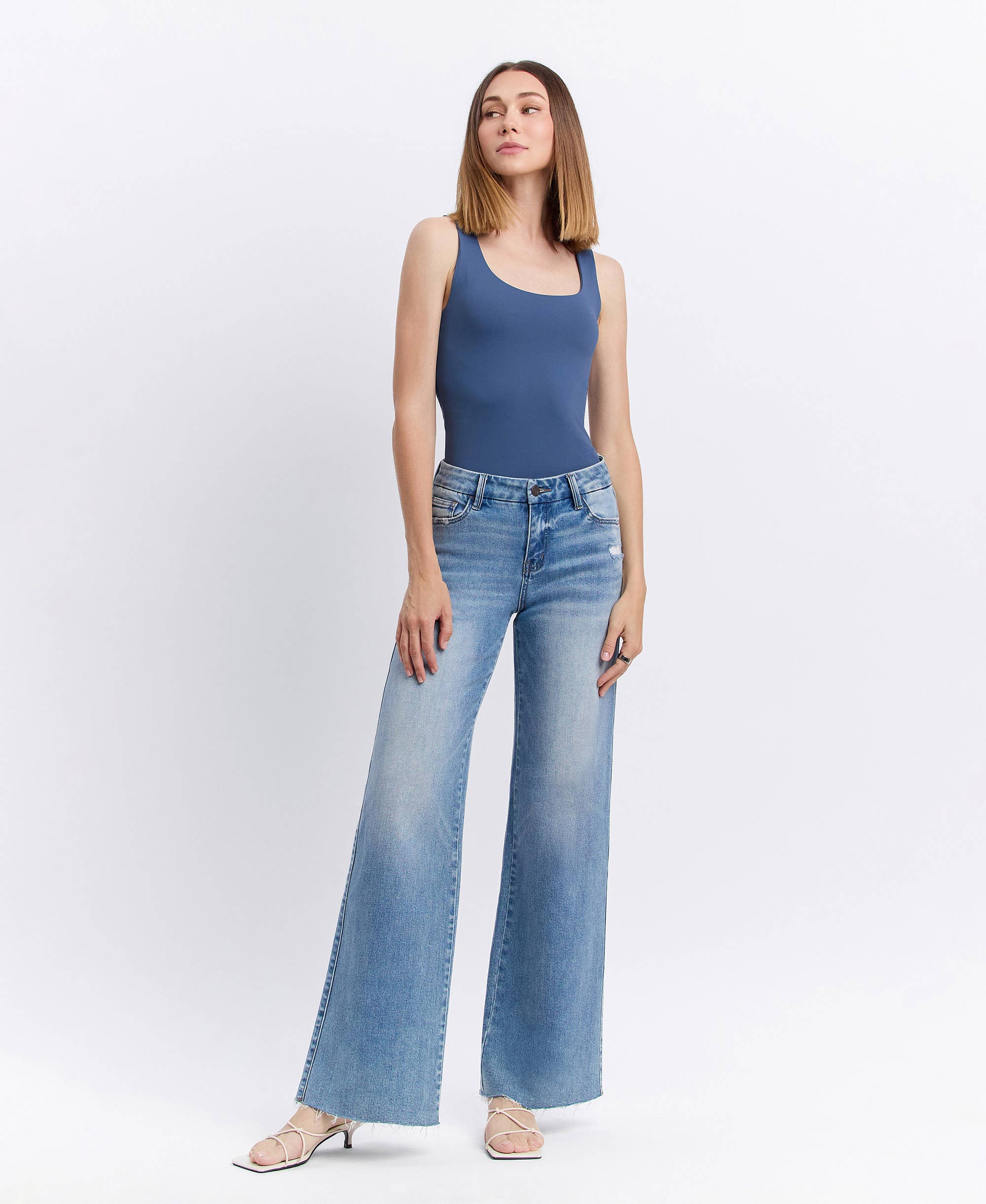 VOUCHSAFE MID RISE MEDIUM WASH CLEAN CUT RAW HEM WIDE JEANS T6017N for wholesale on Faire7