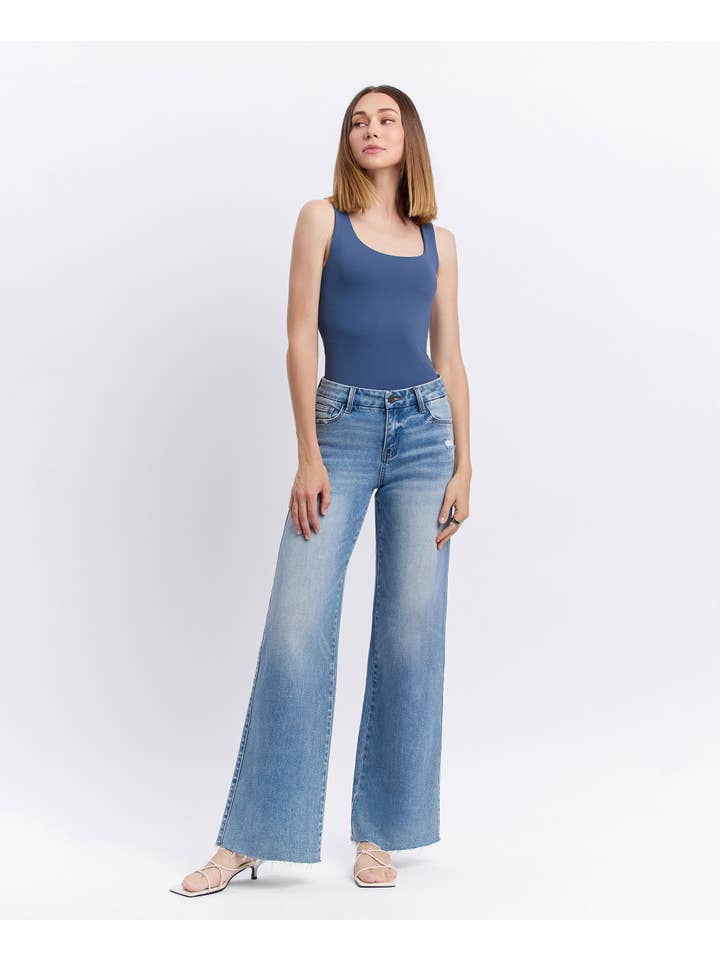 VOUCHSAFE MID RISE MEDIUM WASH CLEAN CUT RAW HEM WIDE JEANS T6017N for wholesale on Faire7