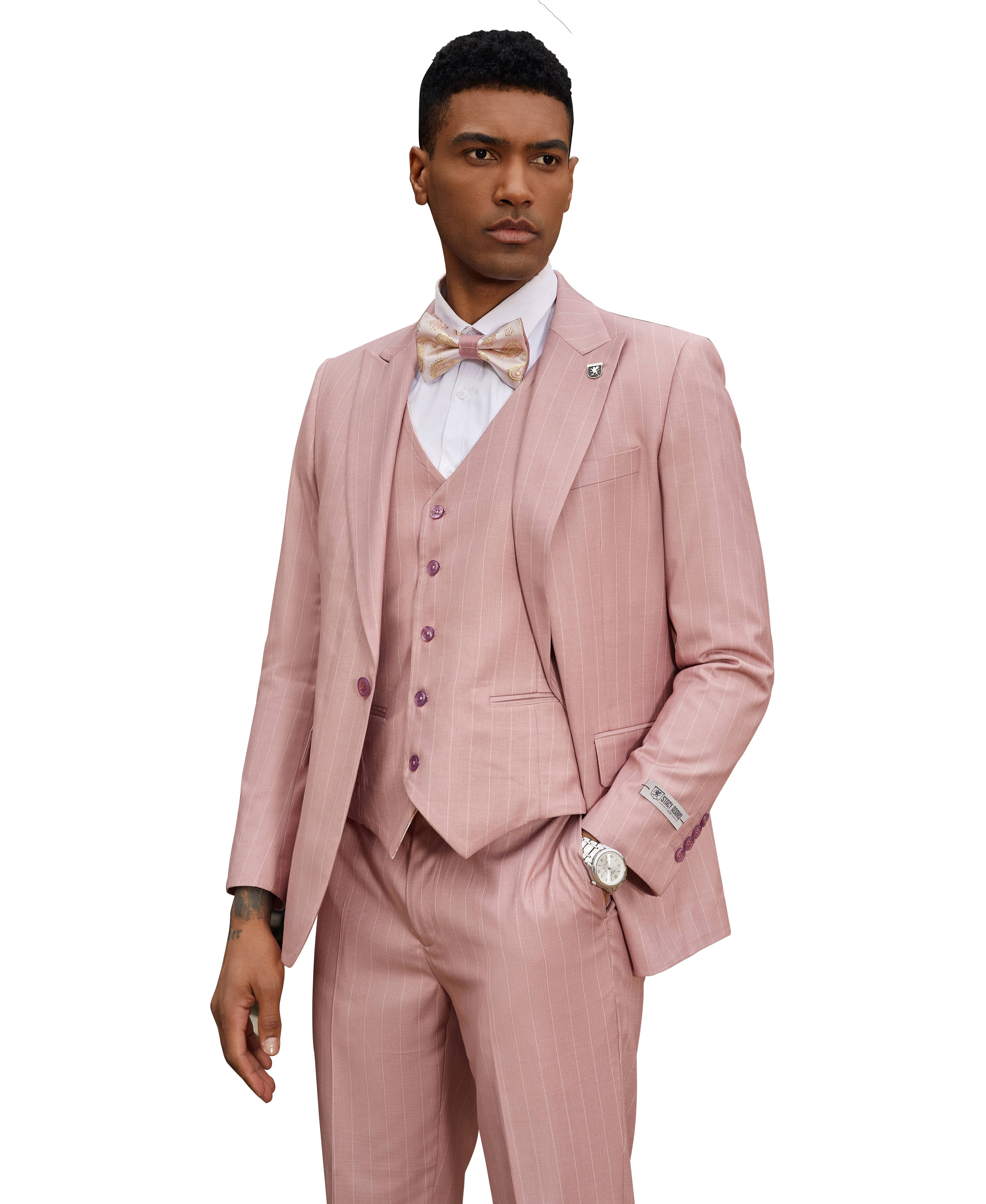Rose Pink  Stacy Adams Hybrid Fit Pinstripe Suit w/ Reversible Vest for wholesale on Faire0
