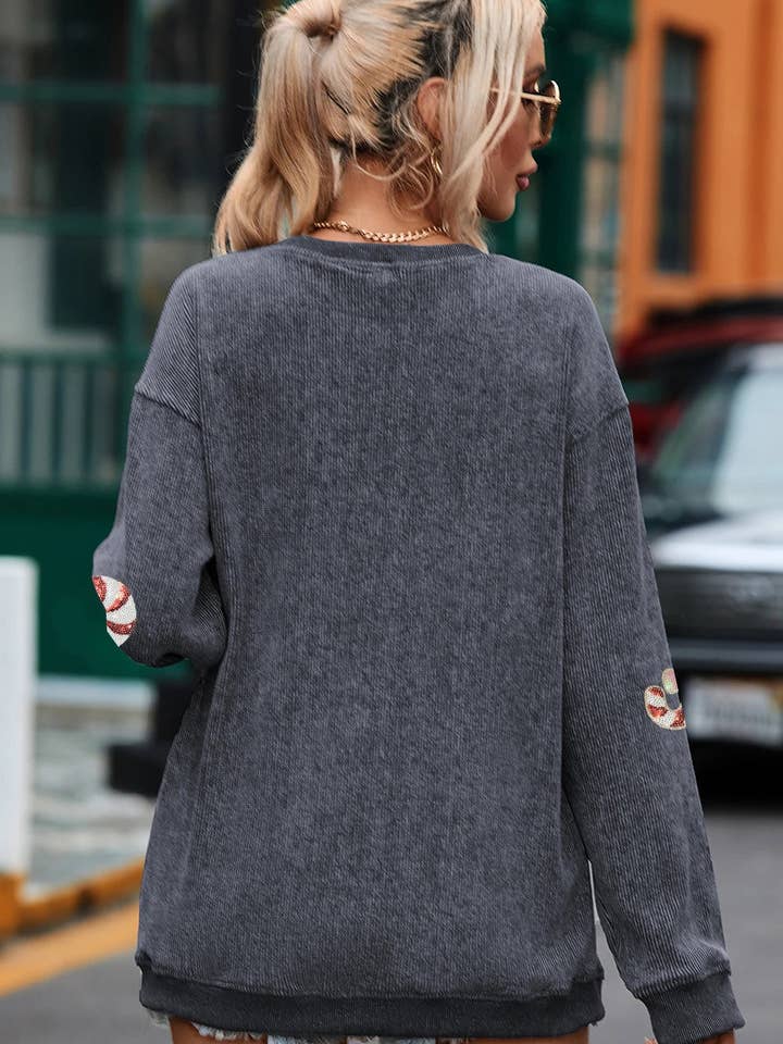 Gray Twisted Rib Christmas Santa Sequin Graphic Drop Shoulder Sweatshirt for wholesale on Faire3