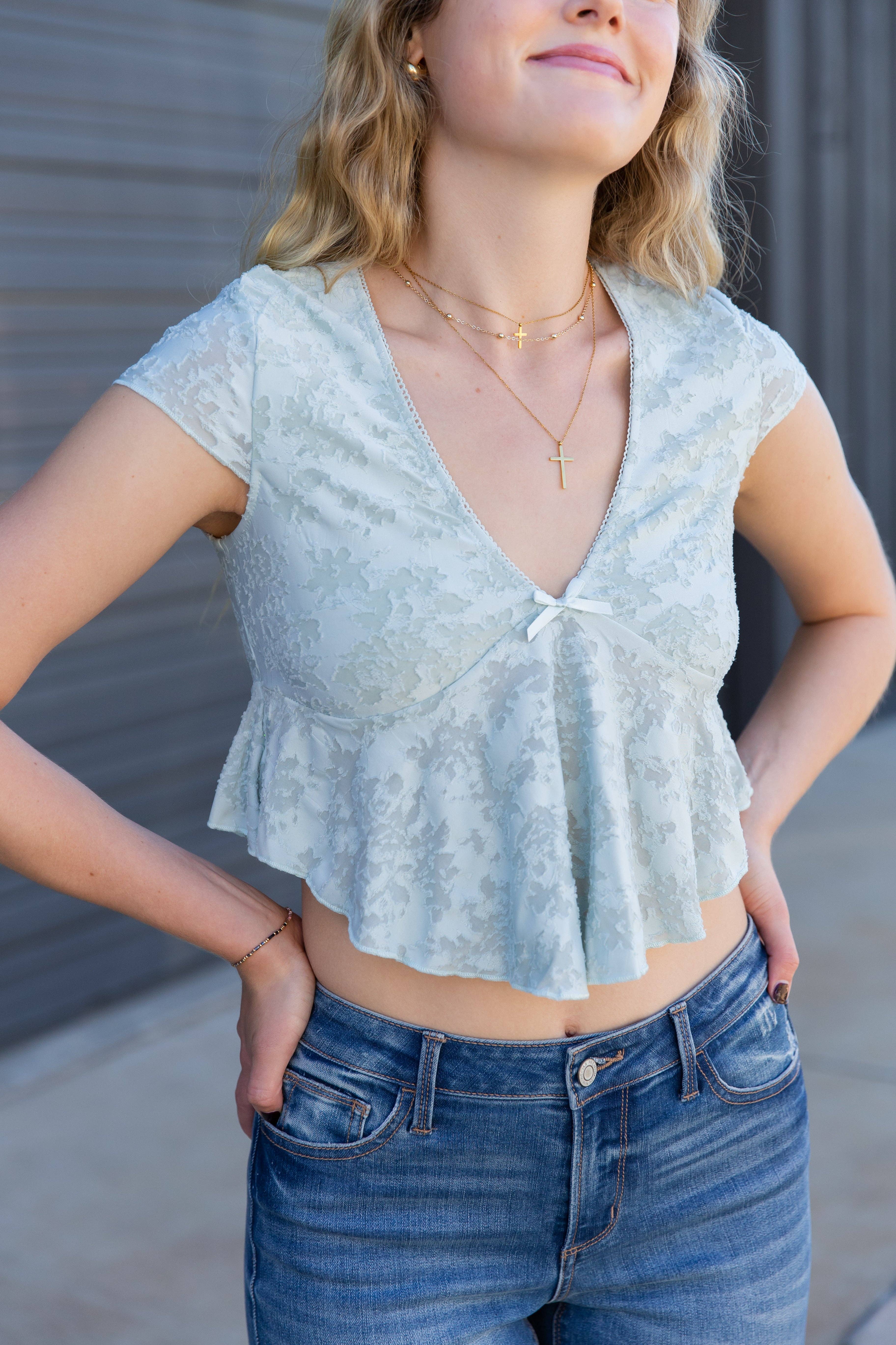 Nectar Clothing – Blusa - Mulher por atacado – Top Texturizado com Mangas Curtas Florais13