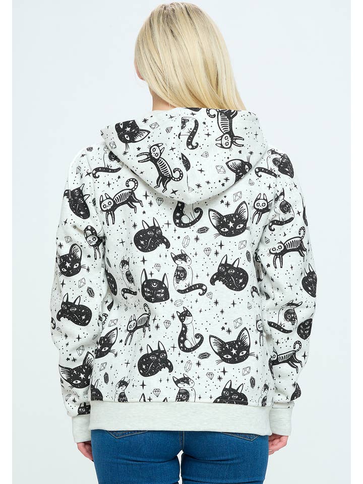 LA Soul - Wholesale Hoodie - Women's - Crystal Cat Print Zipper Hoodie