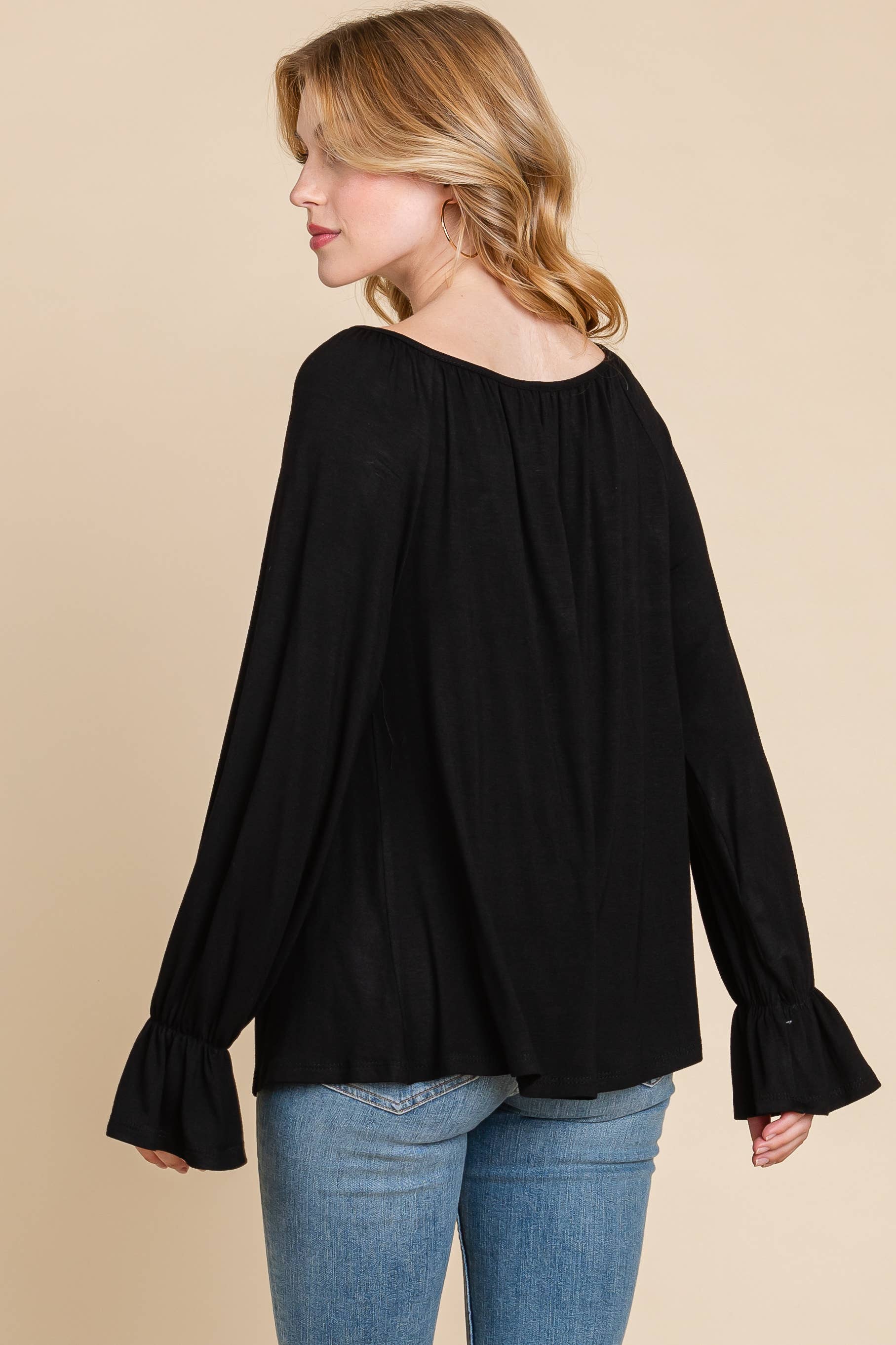 Schwarz ETK-9305 Solides Modeoberteil mit langen Ärmeln für den Großhandel auf Faire5