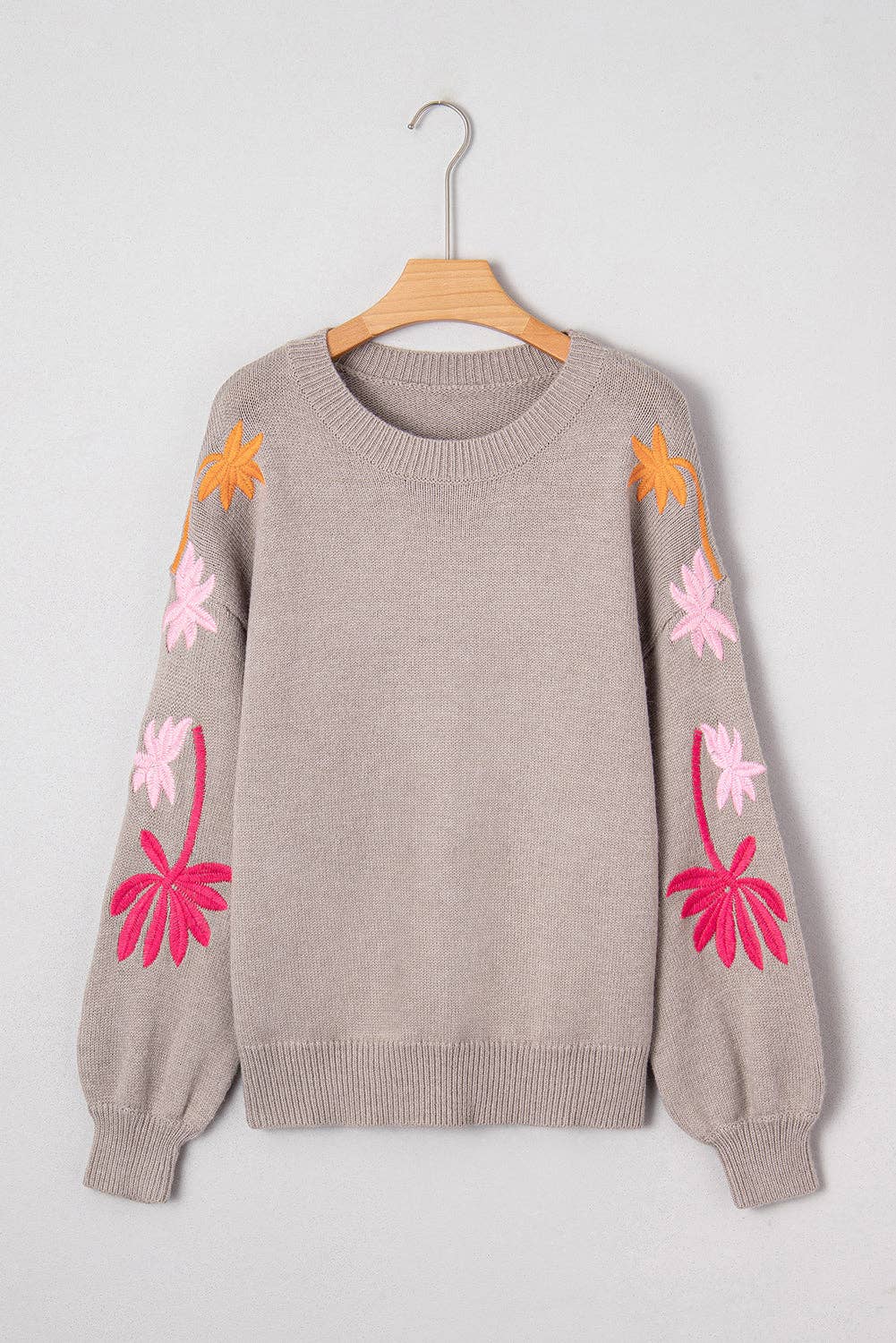 Simply Taupe Floral Embroidered Sleeve Round Neck Sweater for wholesale on Faire0