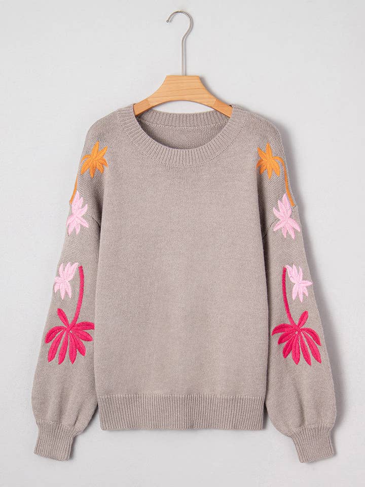 Simply Taupe Floral Embroidered Sleeve Round Neck Sweater for wholesale on Faire0