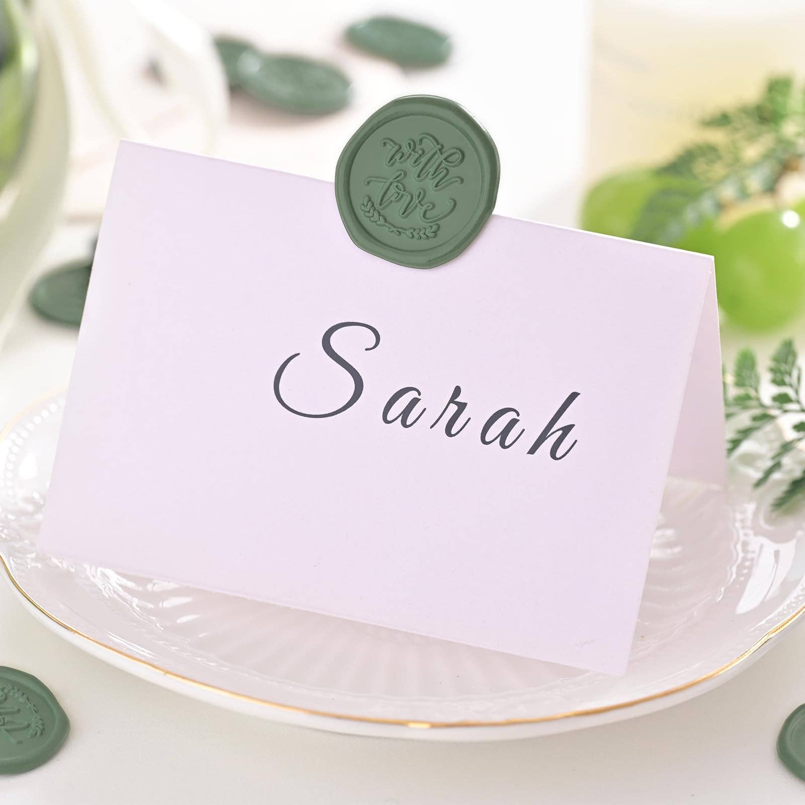 Posh Paper - Vente Cires à cacheter - 100 autocollants de sceau de cire - Sceaux de mariage vert olive, avec amour2