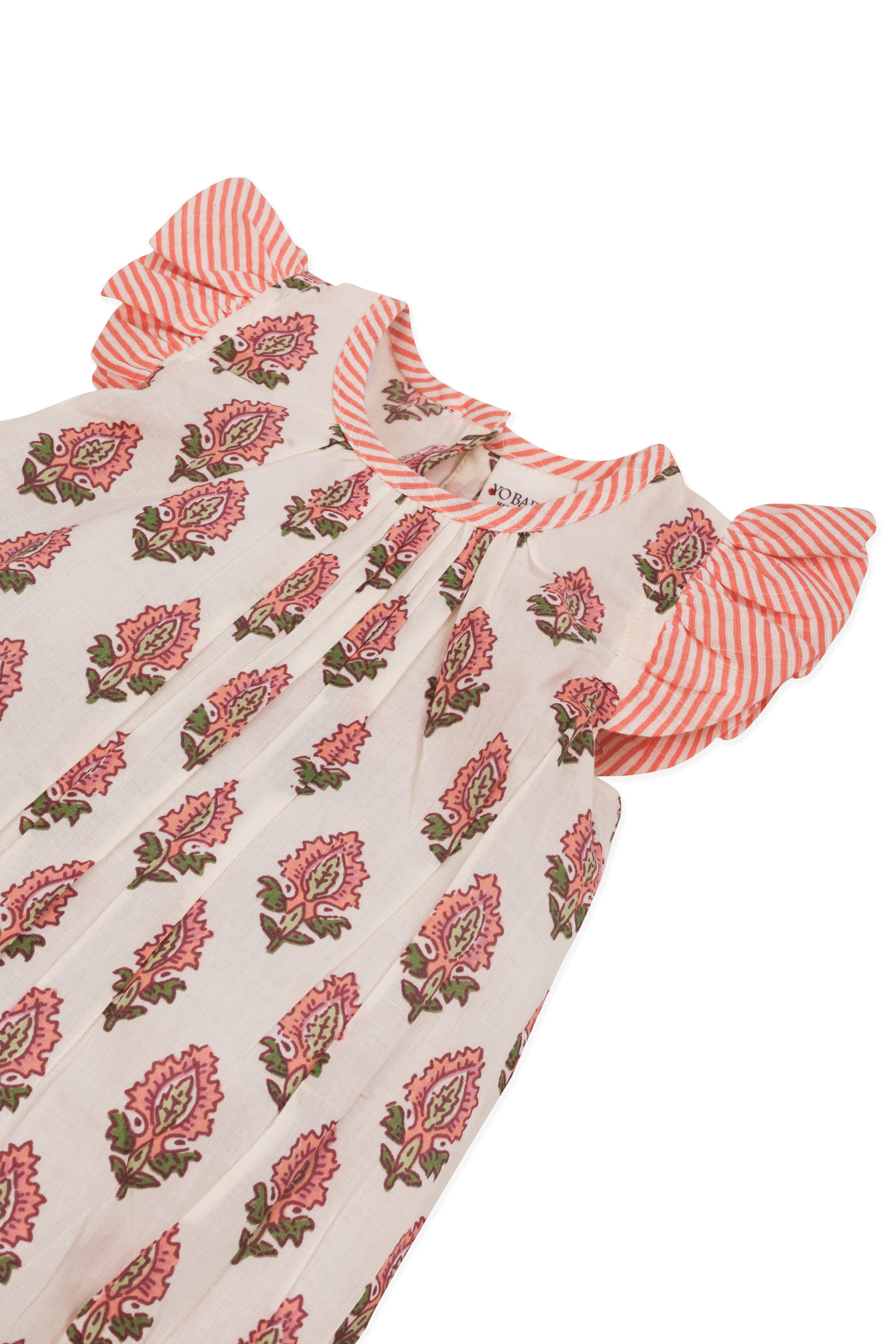 Yo Baby - Vente Robe – bébé - Robe à bulles pour bébé avec imprimé butin corail et volant à rayures corail2