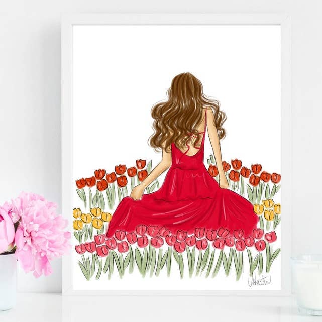 Campos de tulipas, ilustração de moda de primavera, arte de parede de primavera por atacado de PLTStudio