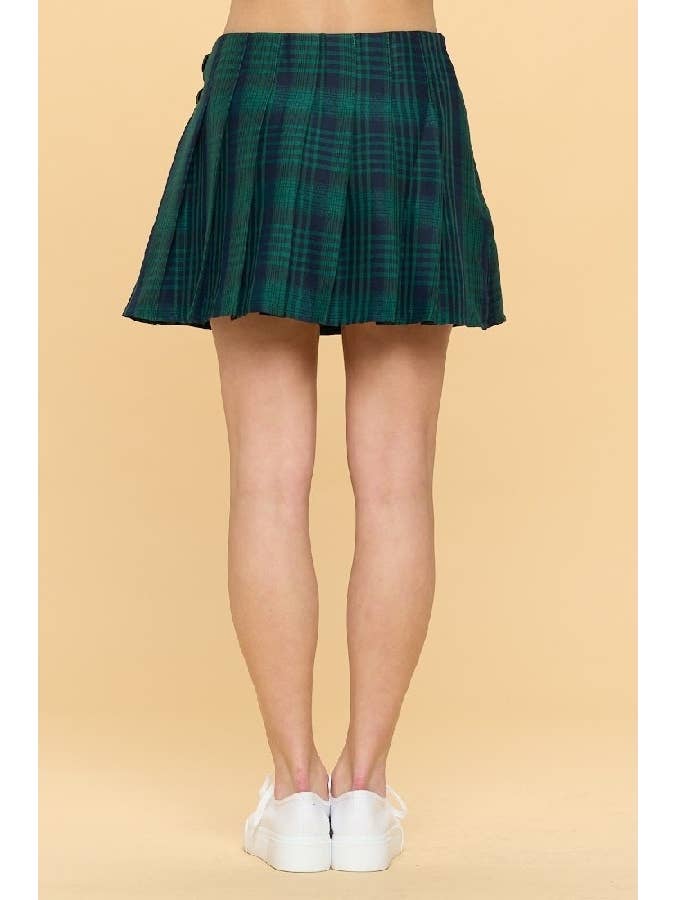 Green Double Buckle Pleated Plaid Mini Skirt for wholesale on Faire