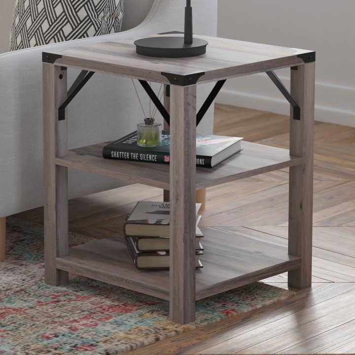 Gray Wash 3 Shelf Side Table with Metal Accents for wholesale by Flash Furniture
