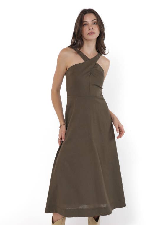 Achtertuin Linnenmix Halternek Jurk : OLIVE BRUIN voor wholesale door Sadie & Sage