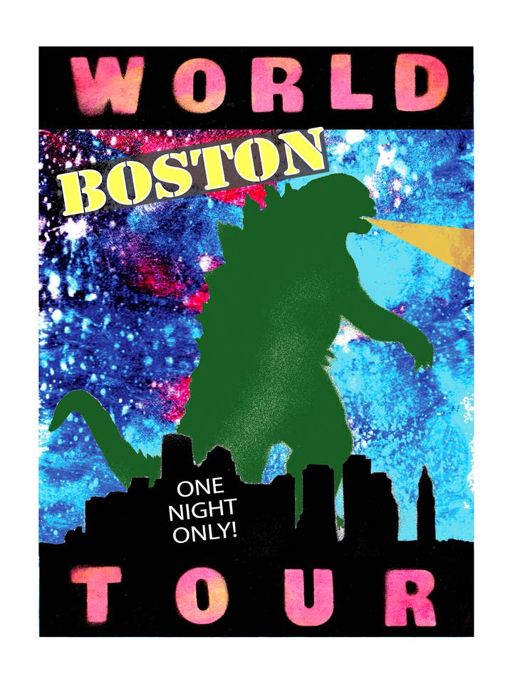 Godzilla Wereldtournee - BOSTON - Slechts één nacht (21,6 x 27,9 cm) kleurenafdruk voor wholesale door Pixel Palmer