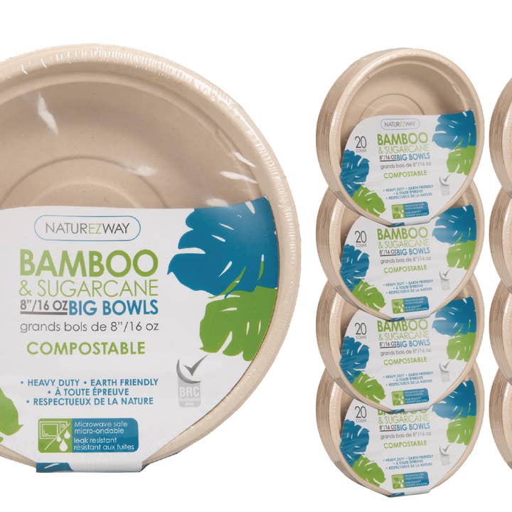 NatureZway - Wholesale Disposable Plate - 8" Bamboo & Sugarcane Round Bowls | 16 OZ | 160 Pack