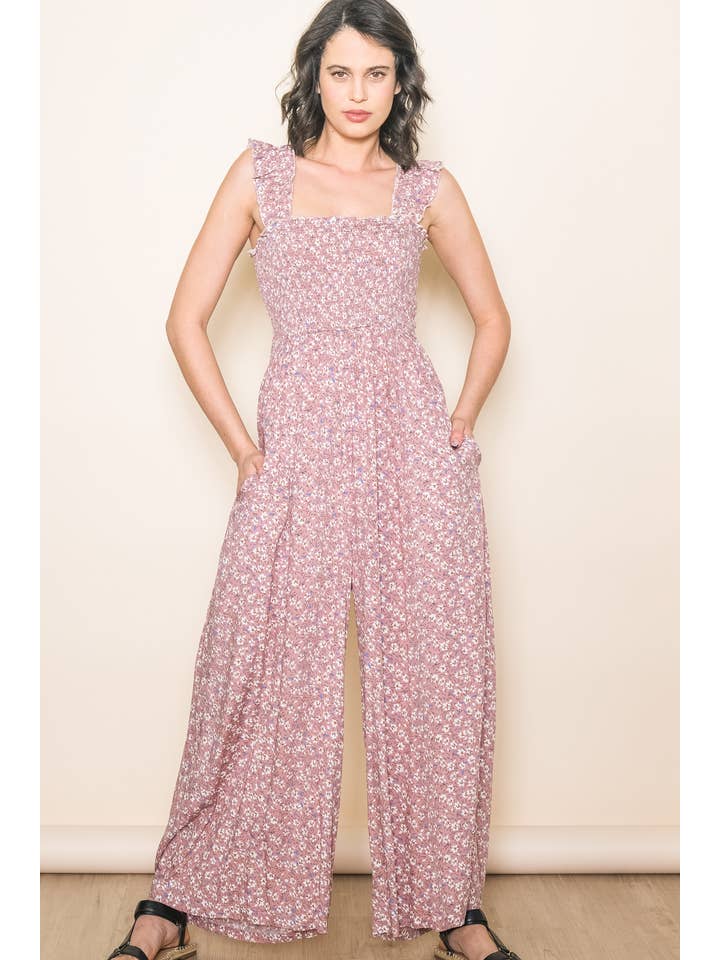 Elloh Collection - Wholesale Jumpsuit - Women's - Super Comfy Ruffle Shoulder Smocked Wide Leg Jumper Jumpsuit11