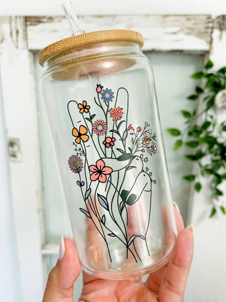 Floral Peace Sign 16 Oz Glass Can Libby Cup for wholesale by The House Of Gentry