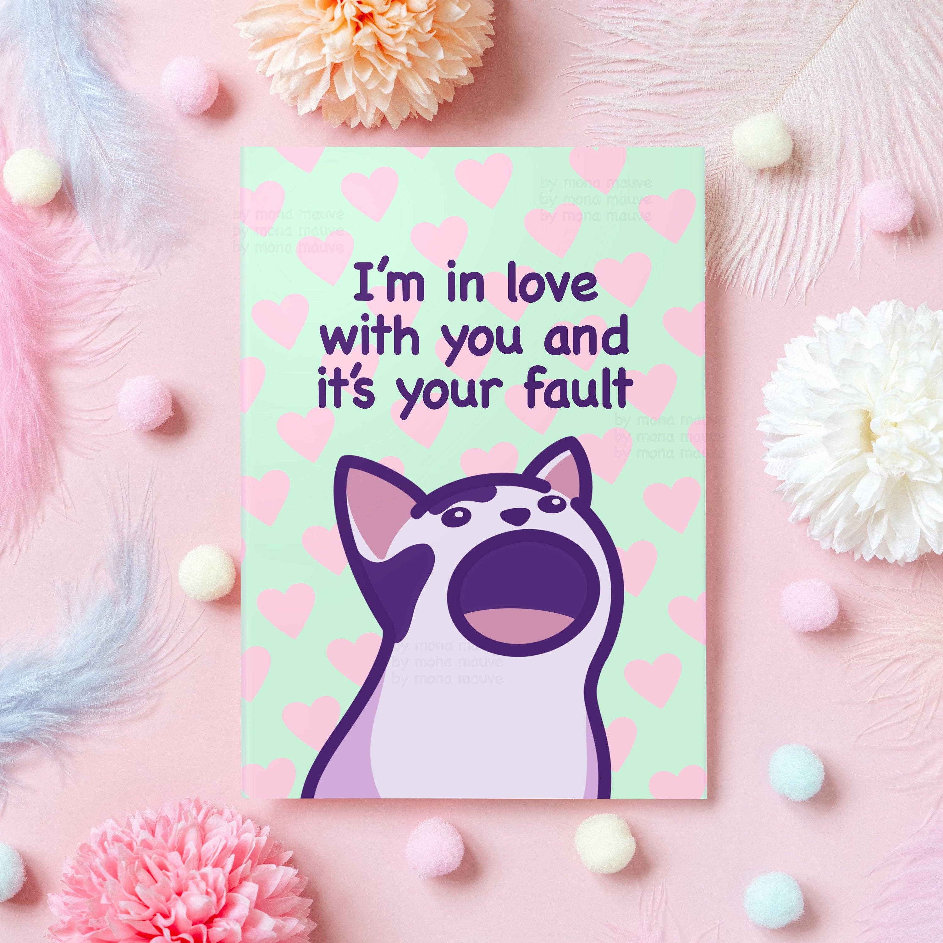 Mona Mauve • Silly Art! – wholesale Anniversary card – Funny Pop Cat Anniversary Card | Cat Meme Love Card1