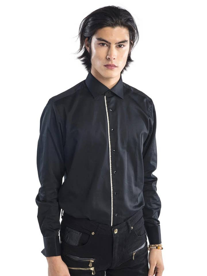 Lurex gedetailleerd smokingshirt met piped - zwart wit voor wholesale door Ron Tomson