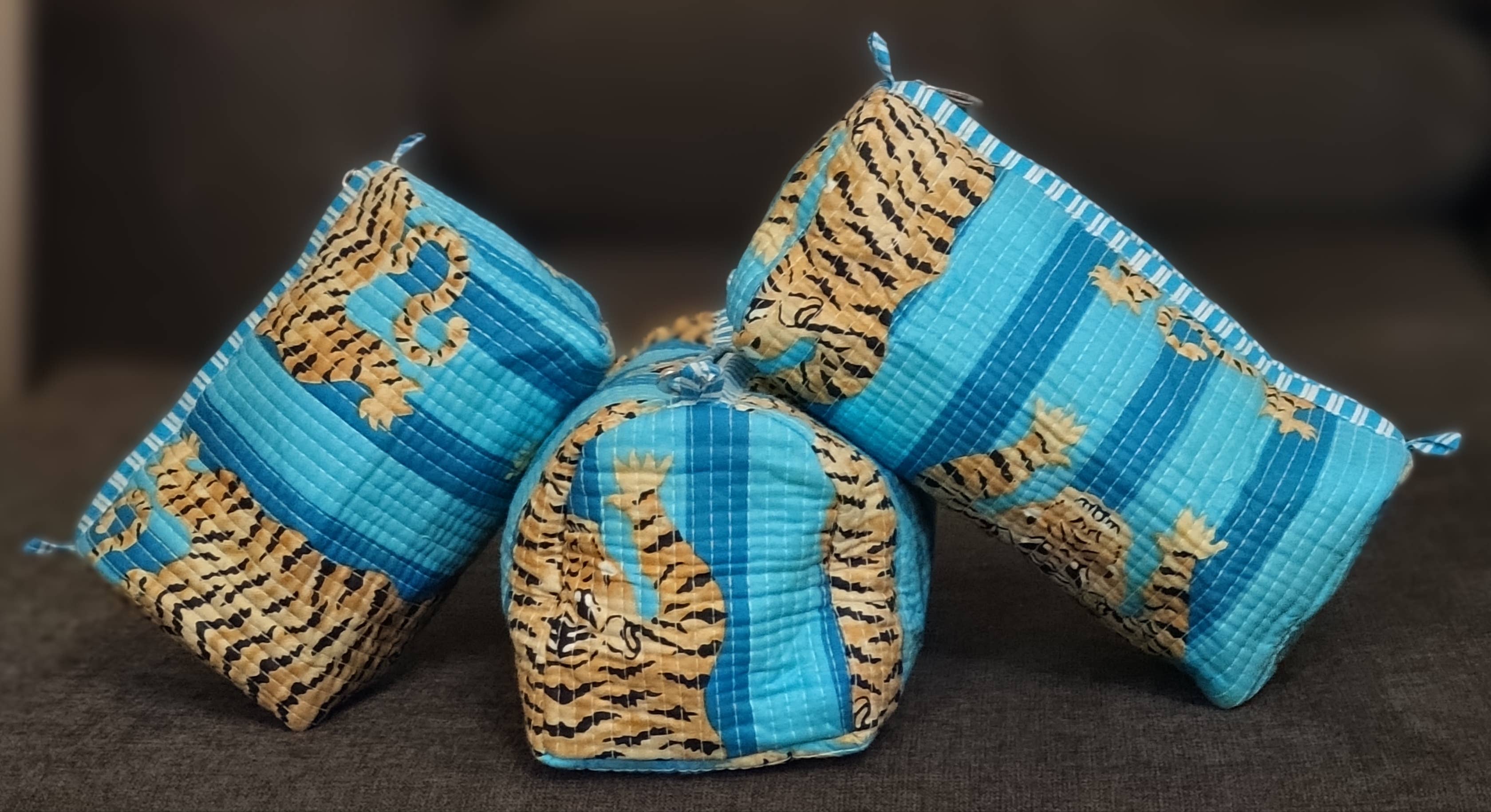 Ayras World - Wholesale Makeup/Cosmetic Bag - Turquoise Blue Tiger Cotton Quilted Makeup Bag/Cosmetic Bag2