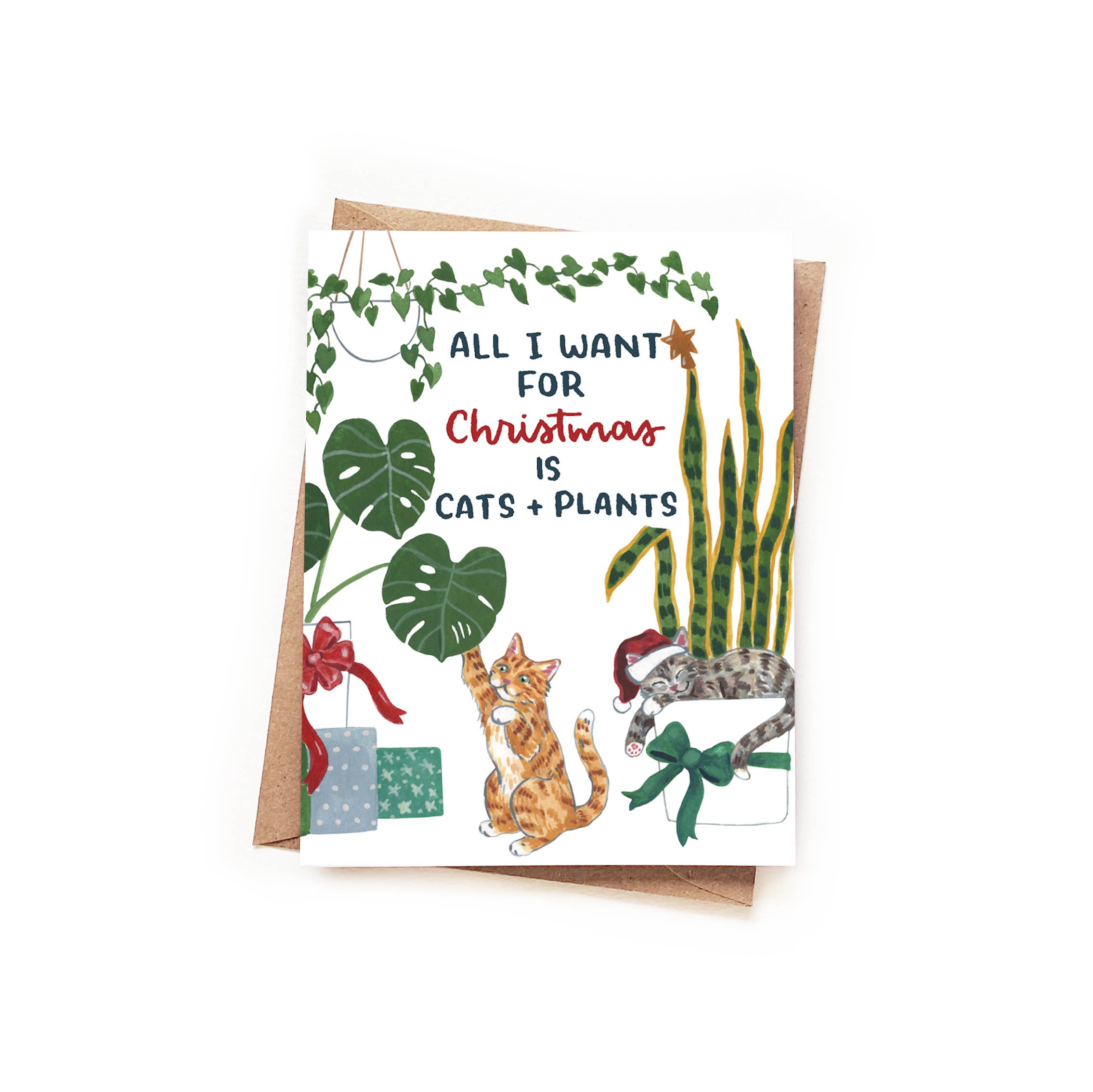 Sketchy Notions - Wholesale Christmas Card - Christmas Cats + Plants Watercolor Wrap Card1