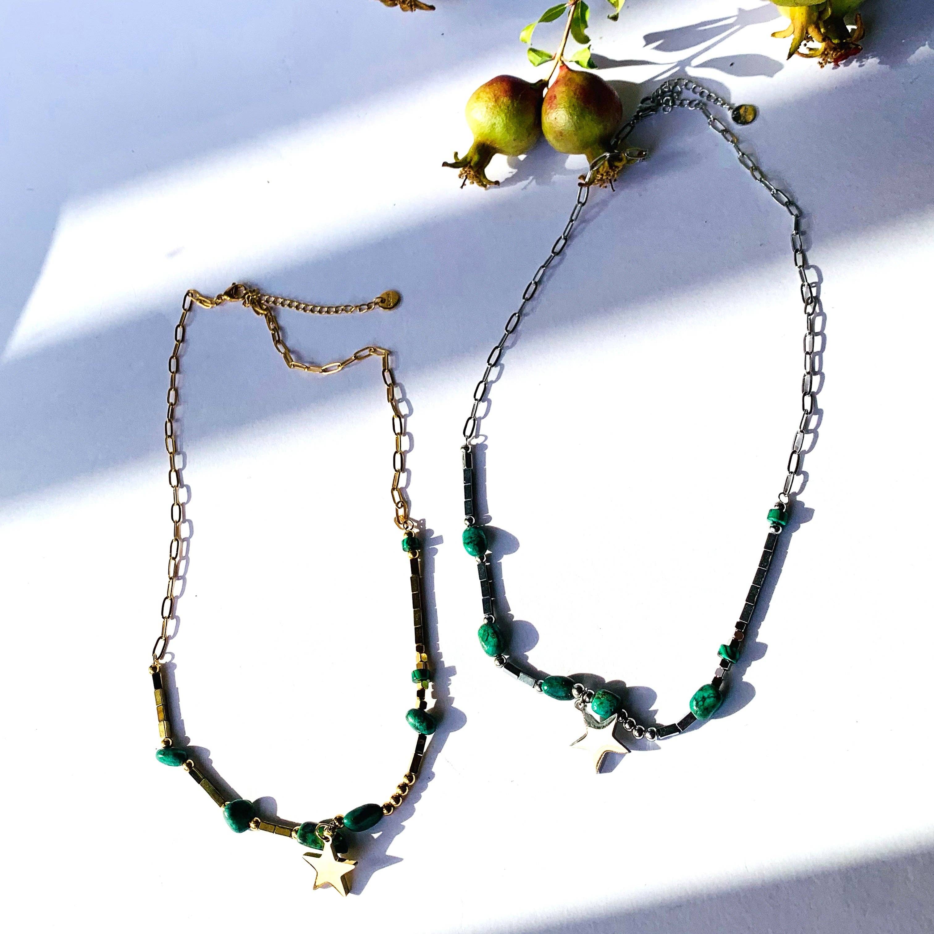 Atisha Spiritual Shop - Wholesale Pendant/Charm Necklace - STAR STONES Necklace ~ in STAINLESS Steel, with HARD stones and star-shaped charms5