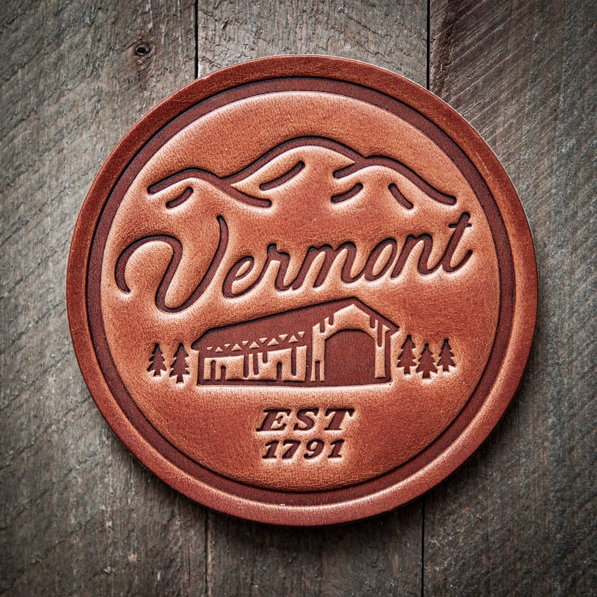 Sugarhouse Leather - Wholesale Coasters - Vermont Covered Bridge Leather Coaster