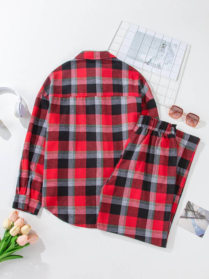 Red LALALOO Christmas Plaid Shirt and Pants Lounge Set for wholesale on Faire1
