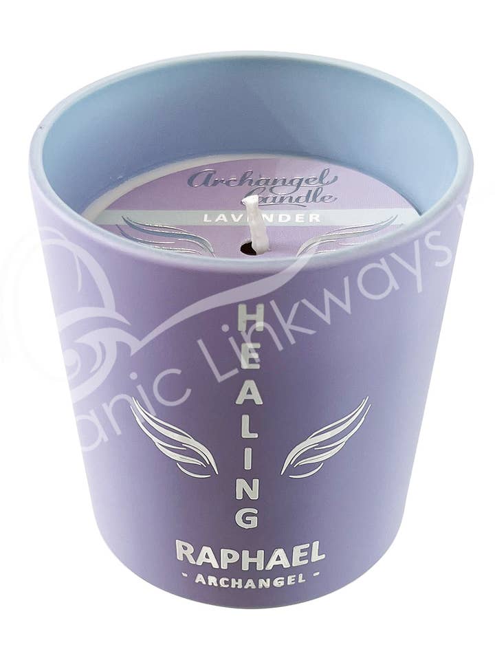 CANDLE - ARCHANGEL RAPHAEL LAVENDER/HEALING 2.75"DIA X 3"H for wholesale by Oceanic Linkways Inc