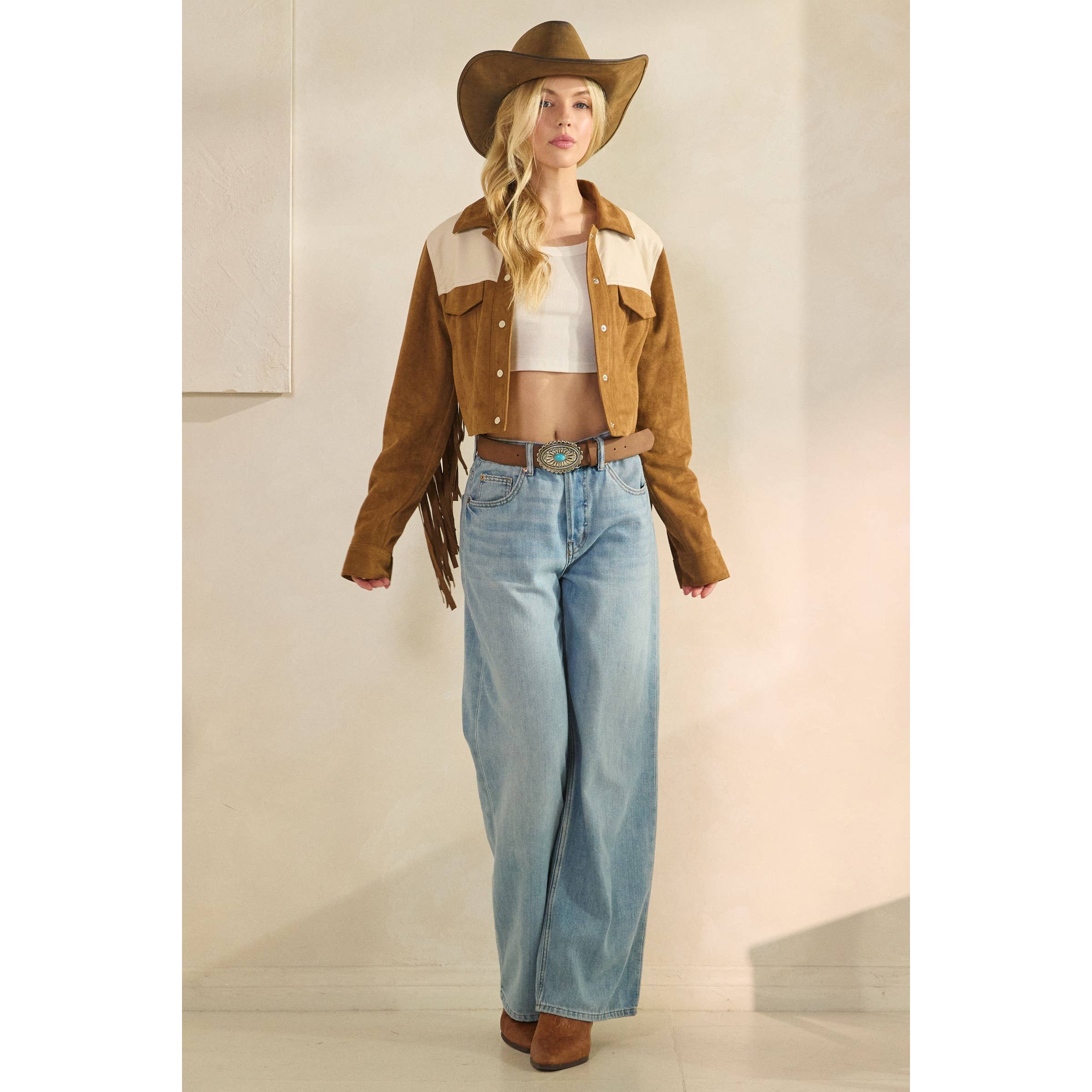 Camel Suede Jacket with Fringe Detail for wholesale on Faire24