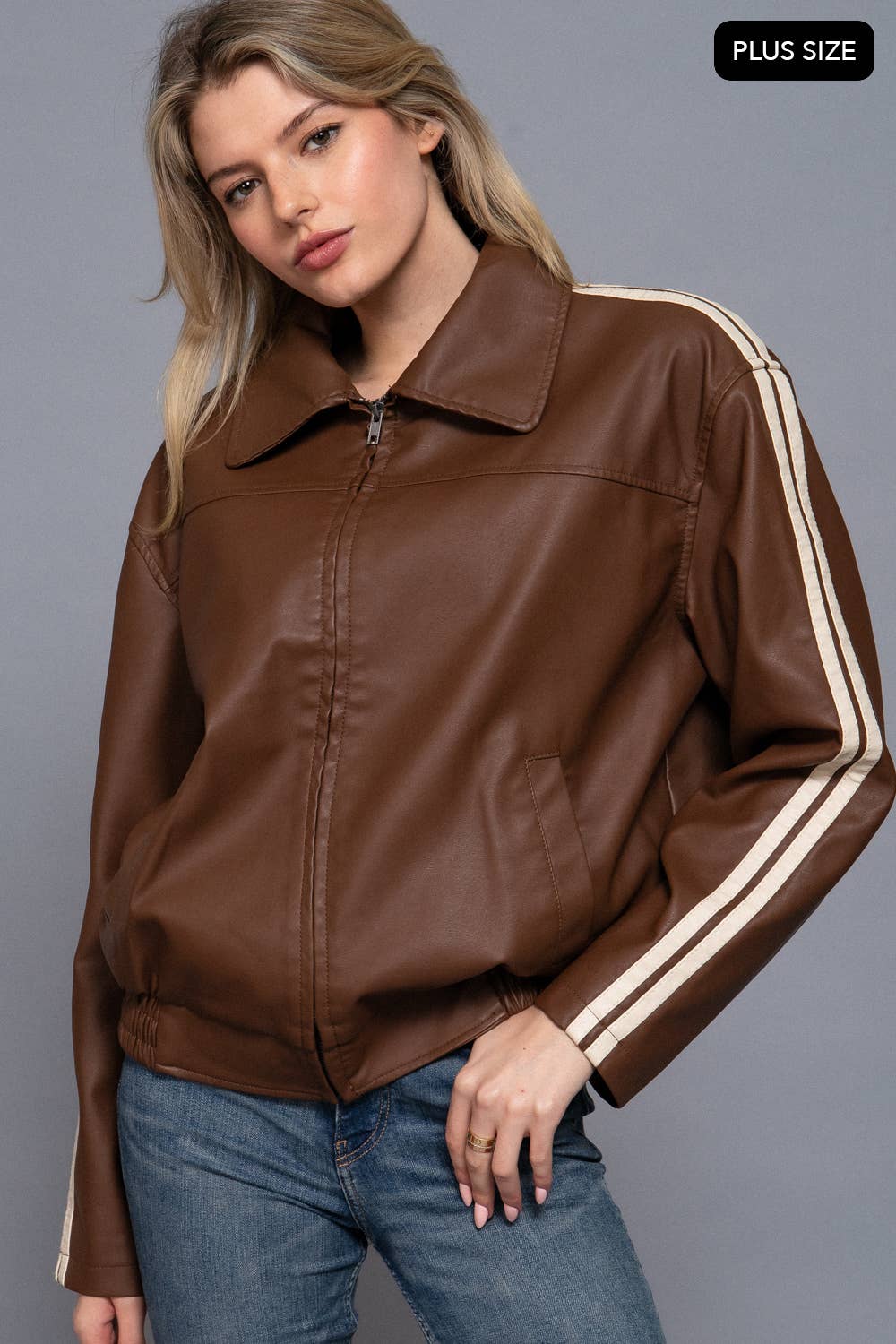 Active Basic | Active USA - Wholesale Leather Jacket - Women's - [PLUS SIZE] Long Sleeve Line Detail Faux Leather Jacket12