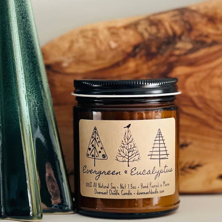 Evergreen & Eucalyptus Holiday Natural Soy Candle for wholesale by Downeast Doodle Candle Company, LLC