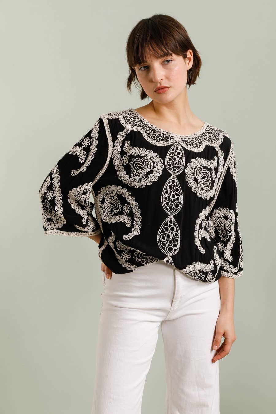 DIX-ONZE - Wholesale T-Shirt - Women's - Embroidered Top with 3/4 Sleeves – Ornamental Patterns