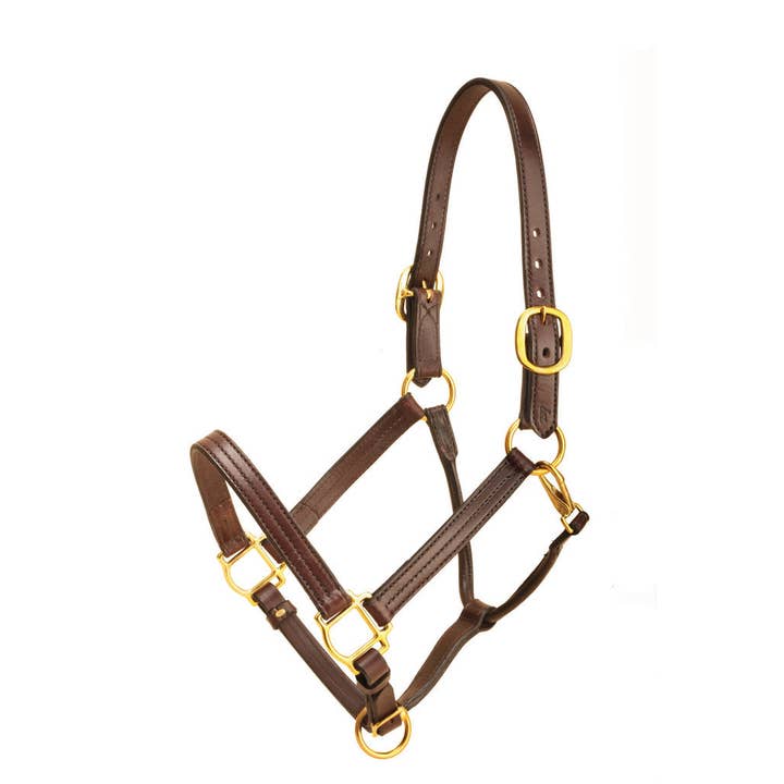 Tory Leather Licol Triple Couture de 1 de Largeur avec Gorge à Fermeture Enroulée, Nez Réglable et Quincaillerie en Laiton Massif - Noir, Cob pour la vente par JPC Equestrian