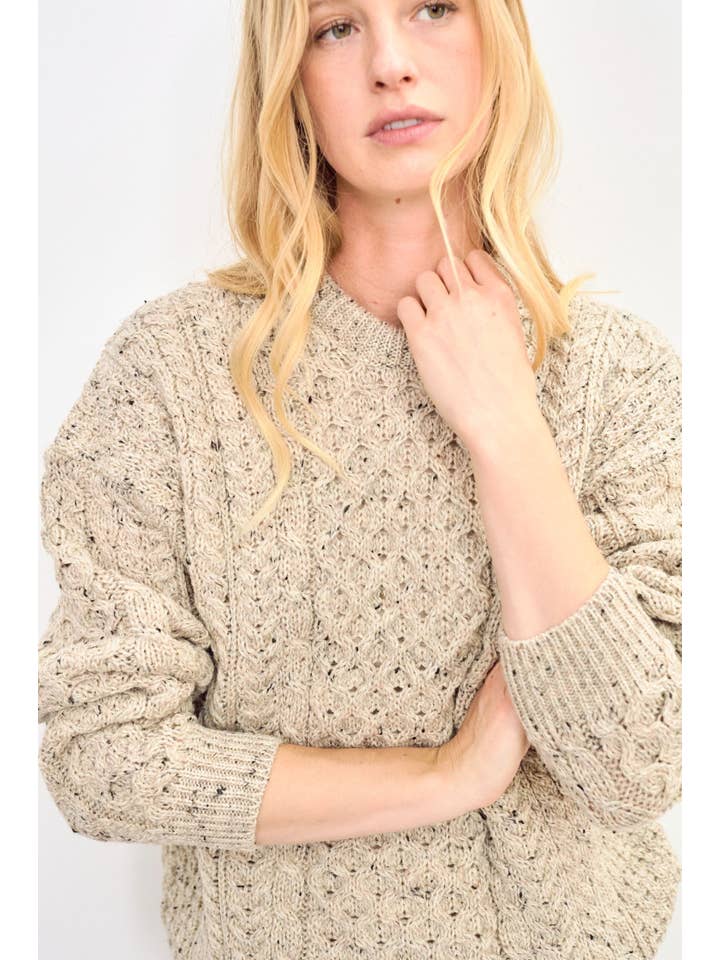 Aran Woollen Mills - Wholesale Knit Sweater - Women's - Inishbofin Ladies Traditional Aran Sweater - Flecked Oat4