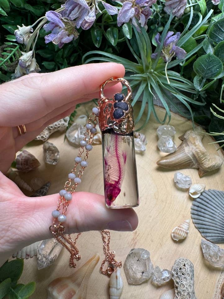 Grape Agate and Minnow Oddity Vial Necklace for wholesale by Copper Ashes