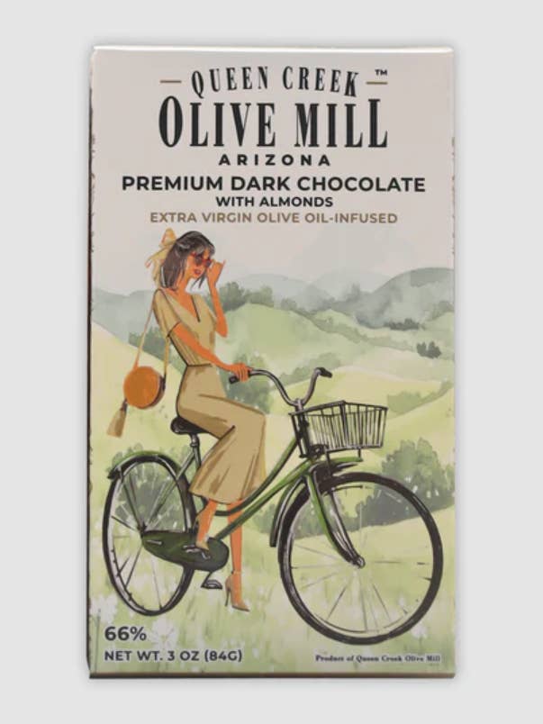 Tablette de chocolat noir premium 66% avec amandes infusées à l'huile d'olive extra vierge - 85g pour la vente par Queen Creek Olive Mill