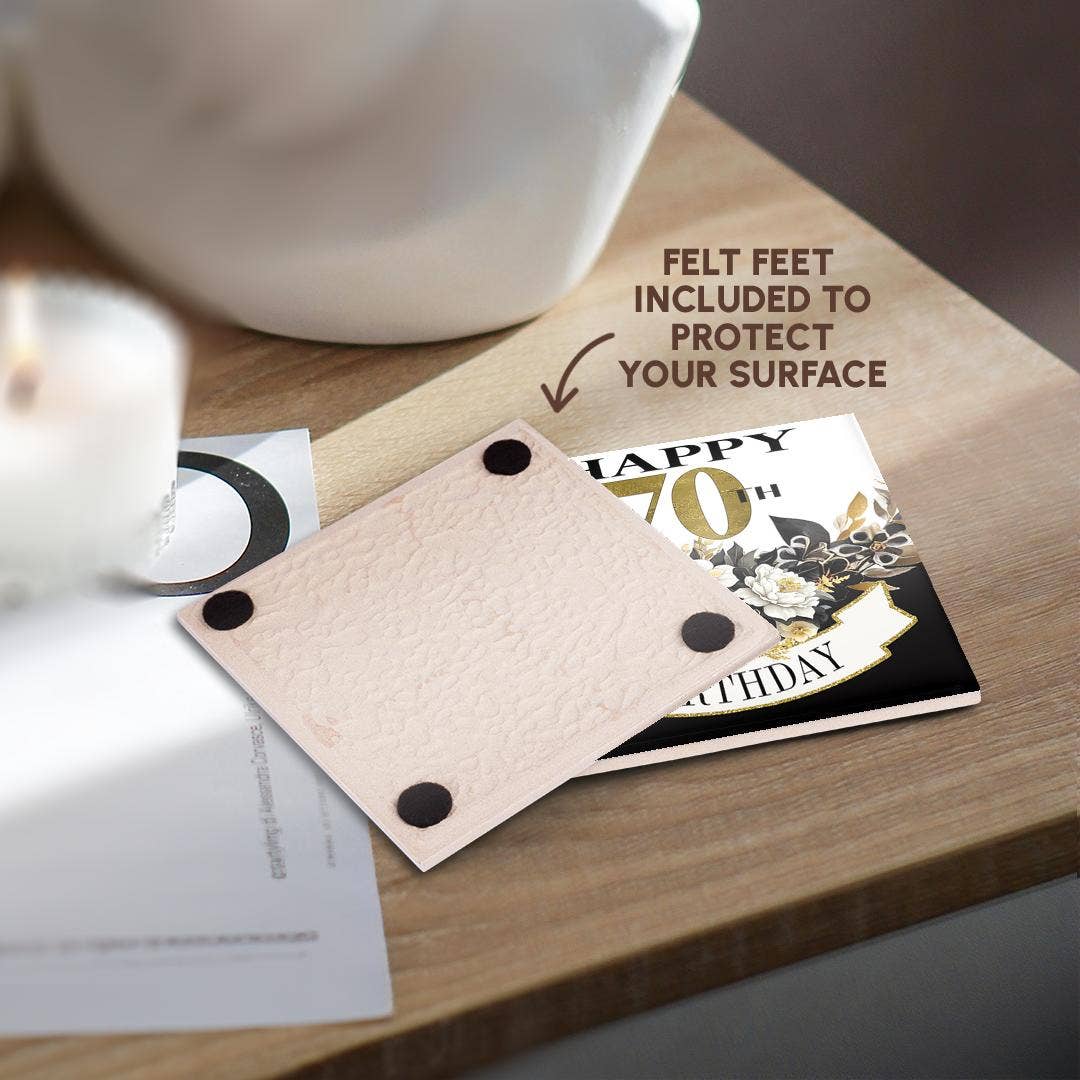 3dRose - Wholesale Coasters - 3dRose, Elegant Black and Image Of Gold Flowers Happy 70th Birthday, Coaster3