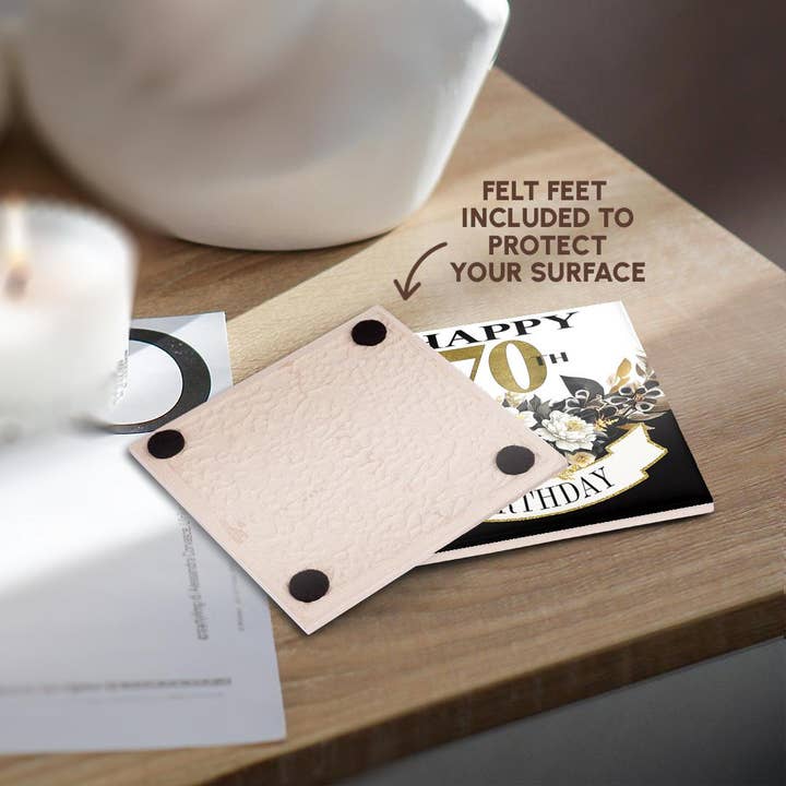 3dRose - Wholesale Coasters - 3dRose, Elegant Black and Image Of Gold Flowers Happy 70th Birthday, Coaster3