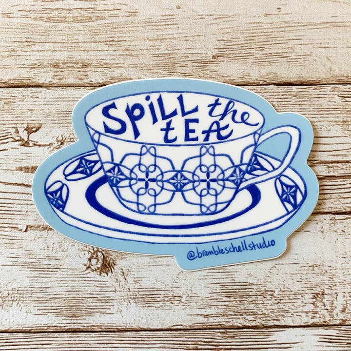 Spill the Tea Sticker for wholesale by Bramble Schell Studio