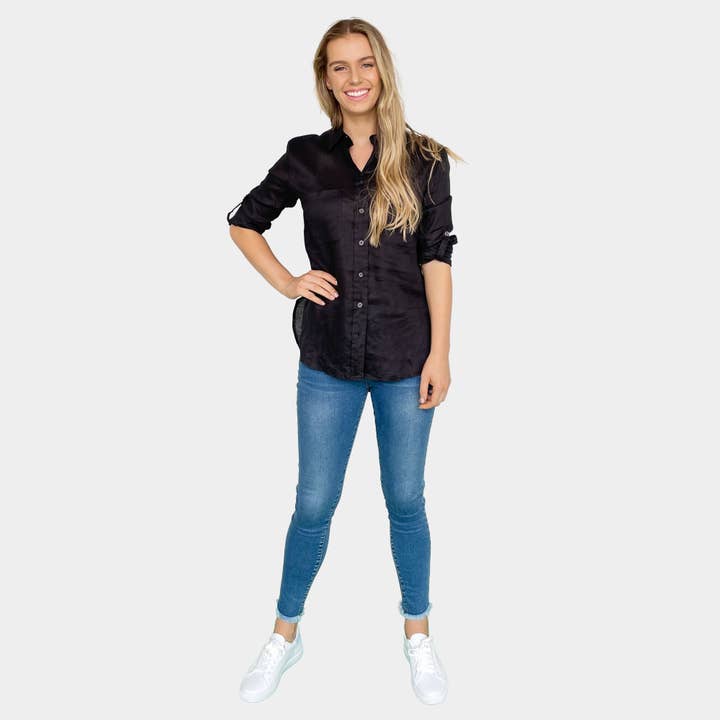 100% Linen Long Sleeve High Low Hem Solid Shirt for wholesale by Amyic