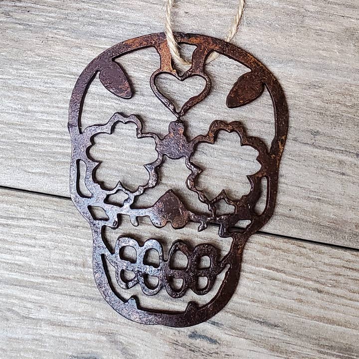 Metal Sugar Skull Ornament for wholesale by Sonoran Desert Metal