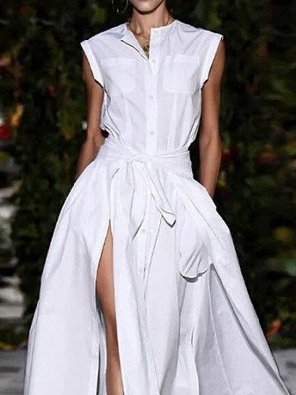 WHITE Cap Sleeve Loose Buttoned Solid Color Split-Joint Tied Waist Round-Neck Maxi Dresses Shirt Dress for wholesale on Faire