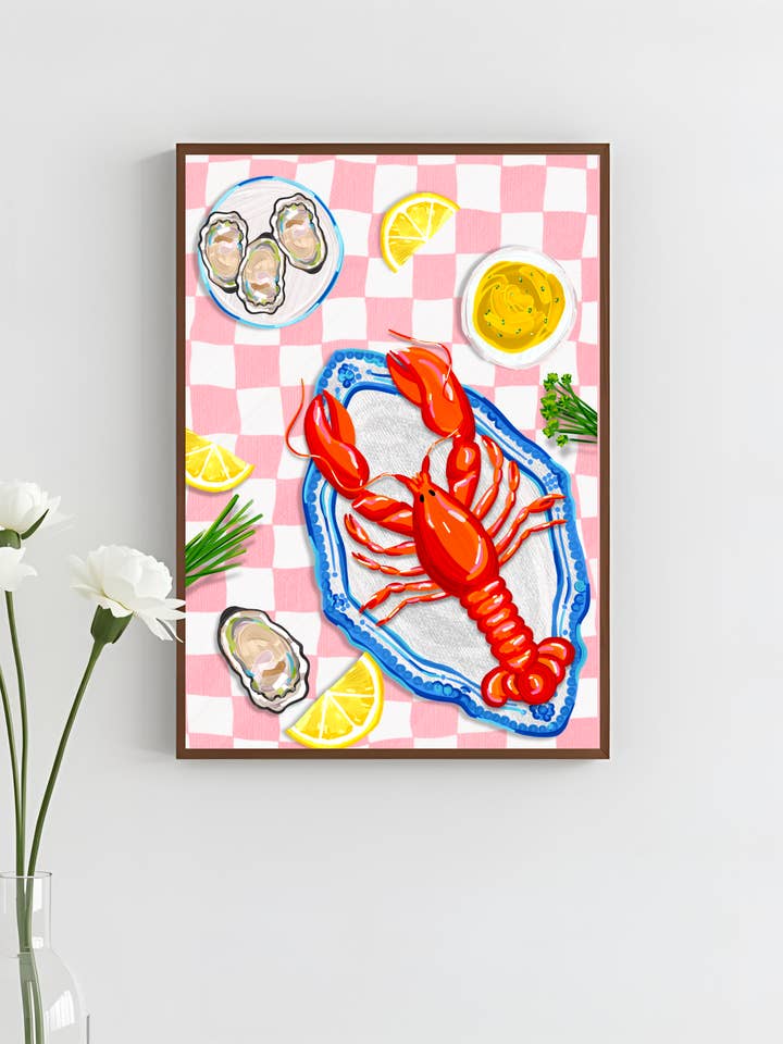 Red & Pink Checkered Lobster Seafood Platter Art Print, Unframed for wholesale by HanVos Art