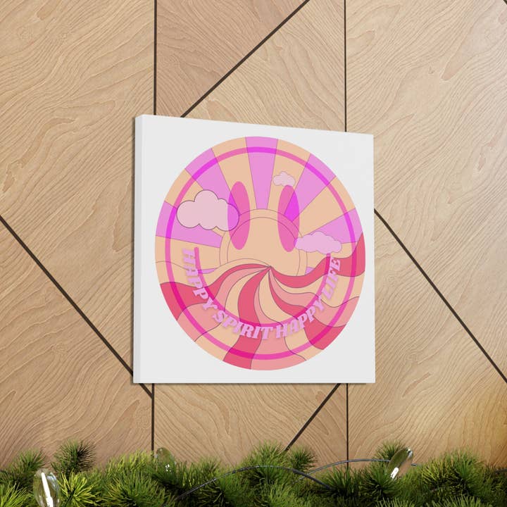 Arte de pared con cara sonriente, lienzo estético para galería de caras sonrientes, arte de pared al atardecer, arte de pared para dormitorio, decoración de sonrisa rosa, decoración del hogar para venta al por mayor de Happy Life Stuff