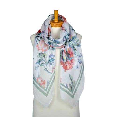 THSS2588: White: Double Border Floral Scarf for wholesale by Taylor Hill Scarves & Co