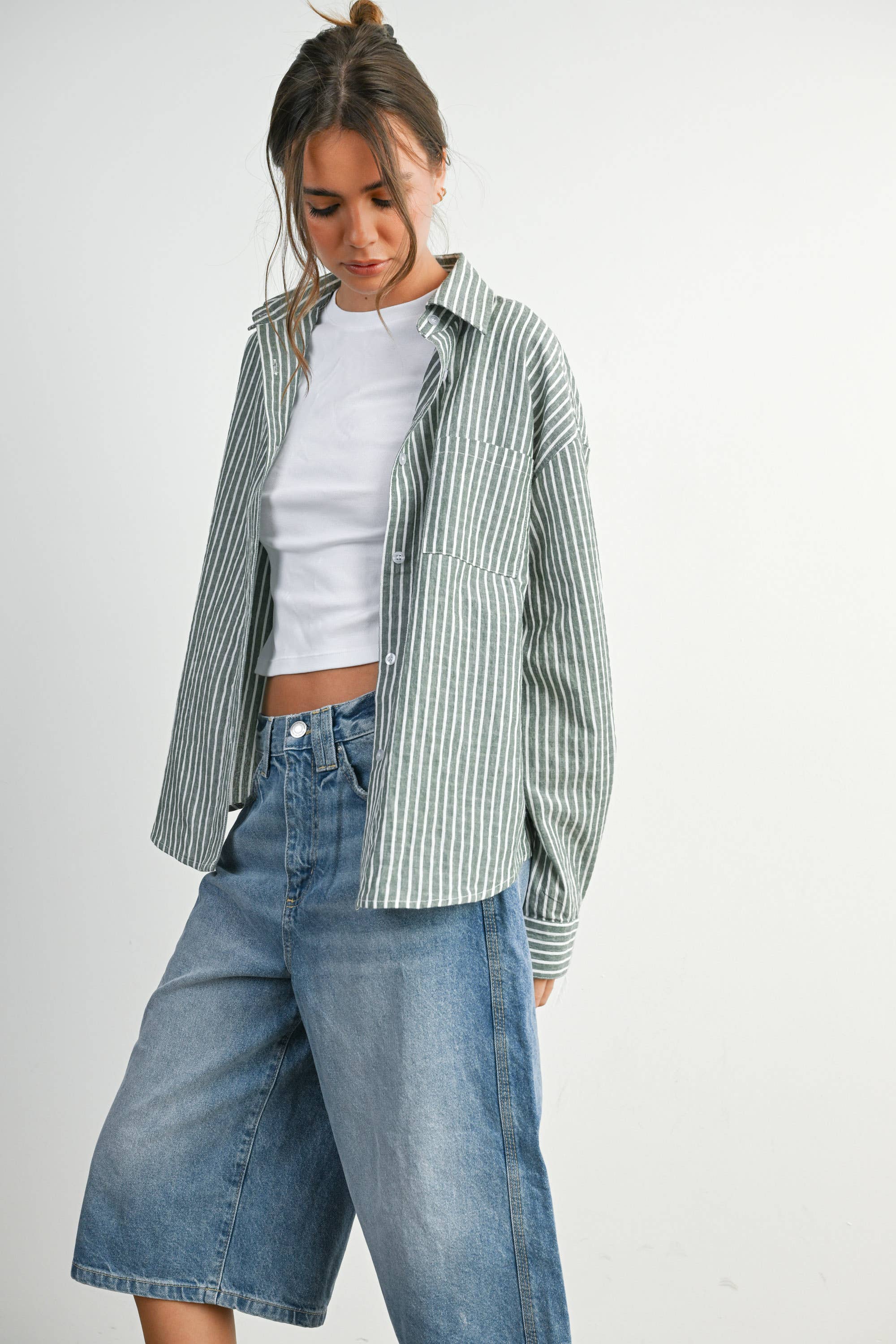 BUTTERMELON - Vente Chemise à col boutonné – femme - Haut à manches longues à rayures et col boutonné raccourci - BMT791543