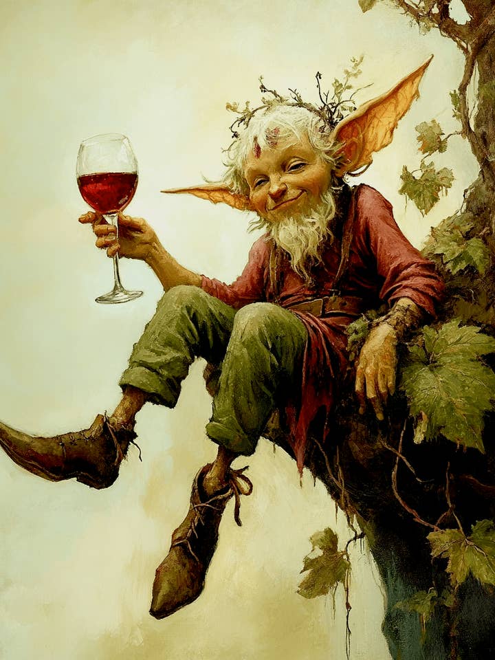 Lutin Heureux avec Verre de Vin - Impressions Murales de Vin – Œuvre 8″x10″ pour Cadre 11″x14″ pour la vente par Mowbi